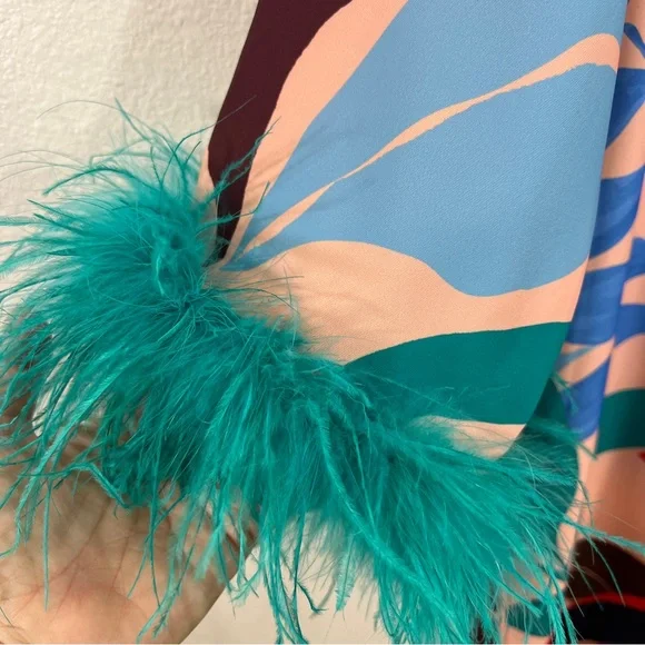 Tuckernuck Vibrant Palm Midi Dress Feather Cuff Sleeves Resort Statement Dress - Picture 5 of 8